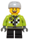 LEGO hol073 Lime Jacket with Wrench and Black and White Checkered Pattern, Short Black Legs, Sports Helmet with Vent Holes