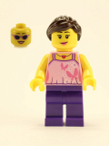 LEGO hol083 Girl, Bright Pink Top with Butterflies and Flowers, Dark Purple Legs, Dark Brown Ponytail and Swept Sideways Fringe